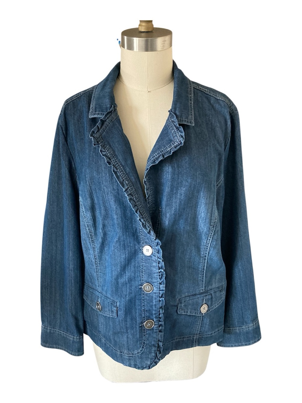 CJ Banks Blue Ruffle-Trim Metal Button Denim Jacket